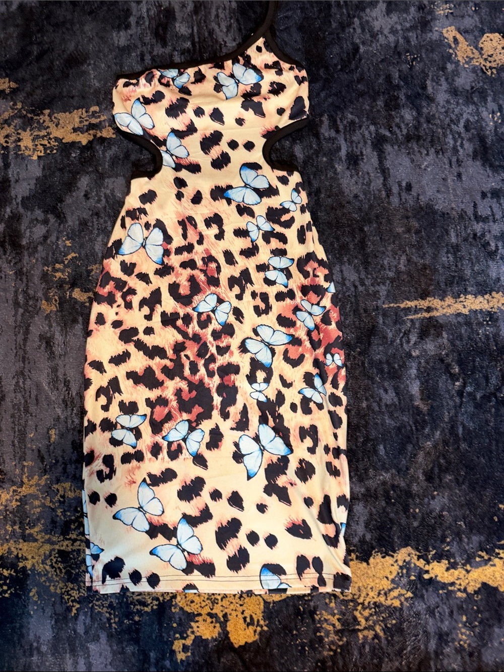 SHEIN Beige Leopard Print Dress with Blue Butterfly Accents